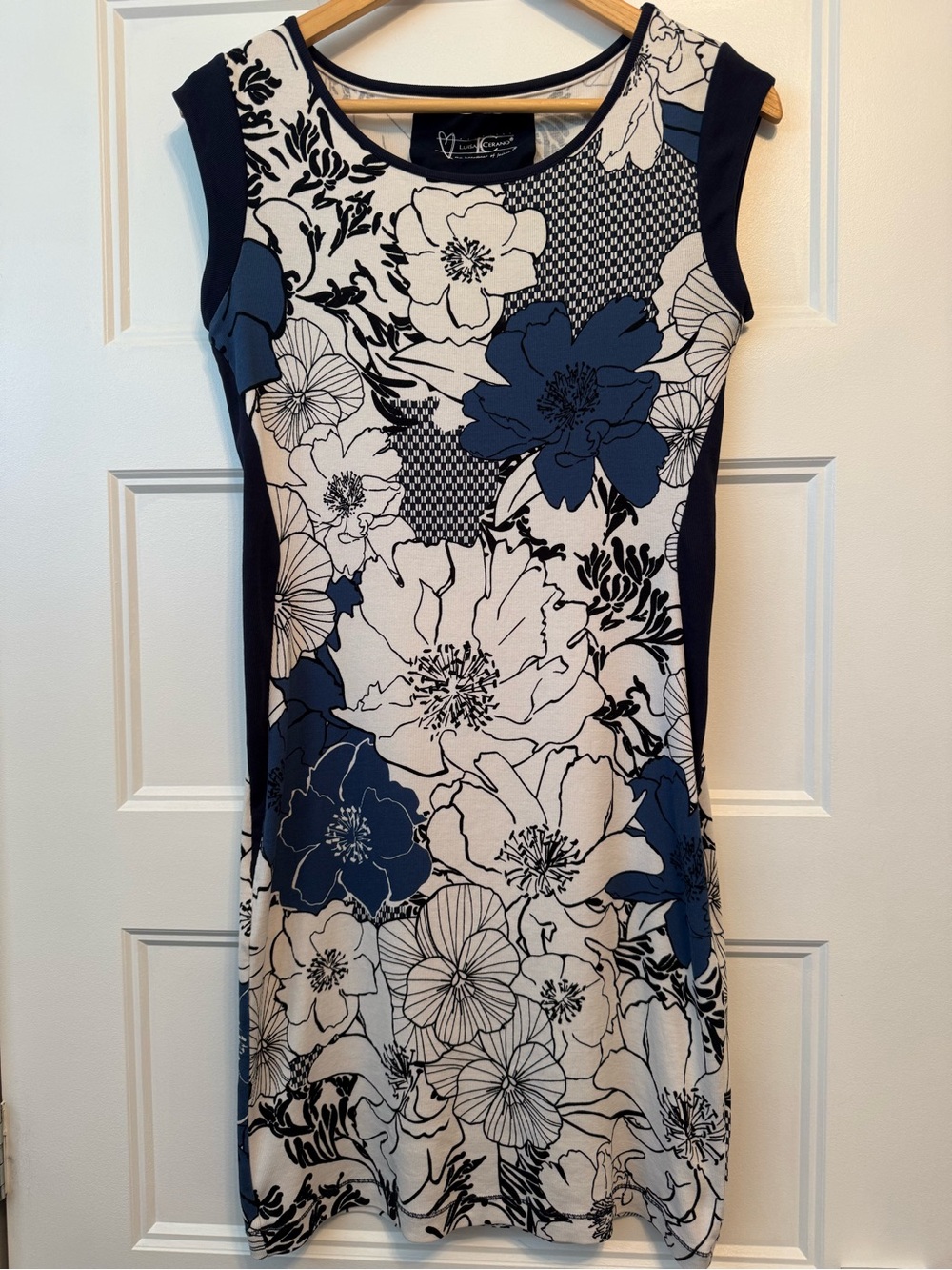 Navy & White Floral Cap-Sleeve Sheath Dress
